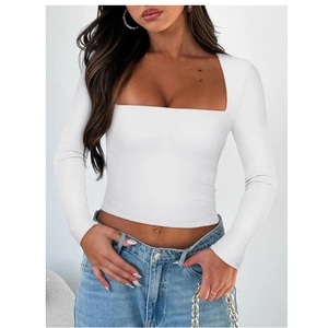 Women Square Neck Long Sleeve T-Shirt Slim Fit Cropped Solid Color Polyester Spandex Casual Basic Top