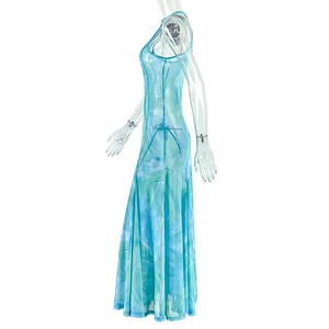 Detail of teal watercolor print and lightweight mesh fabric on this sleeveless maxi dress
