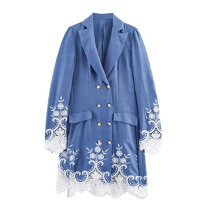Damen Elegant Anzugkleid Langarm Doppelreihiges Blazer Kleid Spitze Stickerei Patchwork Hohlraum Pendler Büro Minikleid