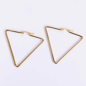 Detailed top view of a pair of large geometric 18K gold triangle hoop earrings