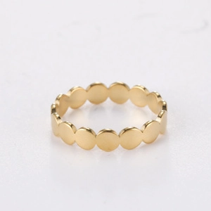 Detailed view of the gold-plated stainless steel ring with minimalist circular dot design