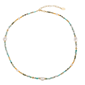 Colorful natural stone beaded necklace with freshwater pearls and gold metal accents