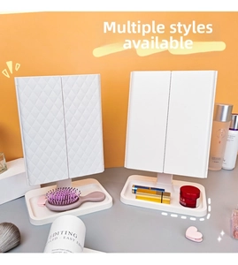 Three-way folding LED makeup mirror with storage base and elegant diamond texture
