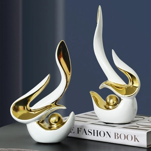 Sculpture Céramique Abstraite Figurine Art Ruyi Moderne Pour Salon Bureau Décoration Bureau Blanc Or Minimaliste Élégant