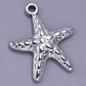 Macro shot of silver 304 stainless steel starfish pendant with grainy textured surface