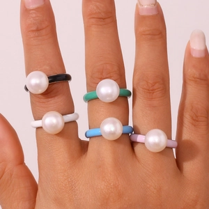 Colorful enamel ring set with large white pearls for women made of durable titanium steel