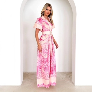 Pink floral print dress with stand collar, belt, and high waist in a stylish French design