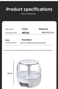 Detailed dimensions of white rotating cereal dispenser showing 27cm height and segmented design