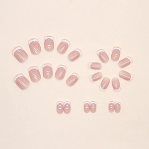 Pink French press-on nails with white tips and fine silver glitter in square shape