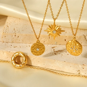 18K gold plated stainless steel sunburst pendant necklaces and crystal star jewelry set