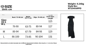 Detailed size chart for the off-shoulder slit evening dress with precise measurements