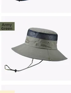 Detail view of army green sun hat with breathable mesh vents and adjustable chin strap