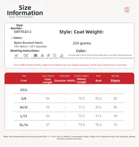 Size chart for brushed yoga jacket with fabric specs and garment measurements