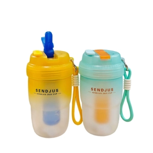 Portable frosted plastic water bottles with straws and lanyards in yellow and green