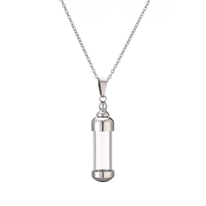 Polished silver stainless steel necklace with openable glass cylinder perfume bottle pendant