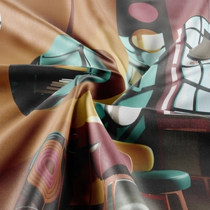 Close-up of bohemian tapestry fabric texture with abstract art print and soft silky folds