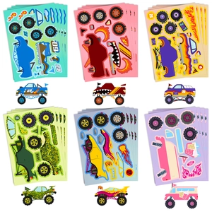 DIY Monster Truck sticker set for kids with six colorful racing car puzzle designs