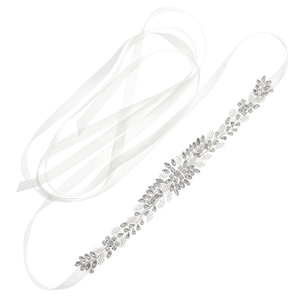 Elegant bridal belt with sparkling rhinestones and silver leaf patterns on white satin ribbon