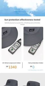 Close-up of gray sun hat with breathable mesh and UV protection test verification