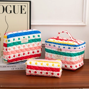Three-piece quilted cotton cosmetic bag set with colorful stripes and polka dot patterns