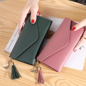 Women Long Wallet PU Leather Trifold Flap Clutch Purse With Heart Tassel Charm Lychee Pattern Multi Card Slots