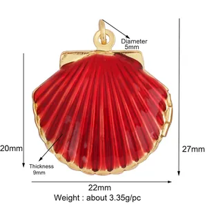 Gold-plated red enamel scallop shell pendant with dimensions and weight measurements