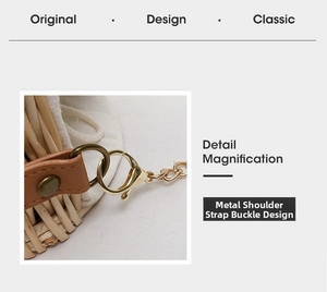 Detail von Bronzering und goldenem Karabinerverschluss an gewebter Strohtasche mit Leder