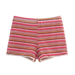 Women's colorful striped crochet shorts with breathable knit pattern and elastic waist