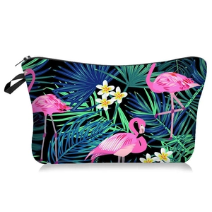Waterproof polyester makeup bag with pink flamingo and tropical palm leaf patterns