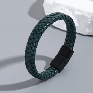 Vintage green multilayer leather braided bracelet with black magnetic titanium clasp