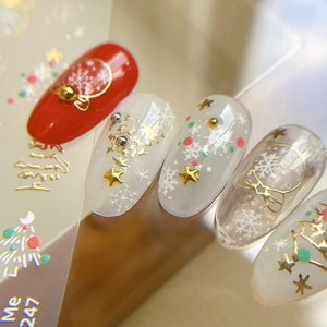 Gold Christmas tree and snowflake 3D relief nail stickers in red and pearlescent white