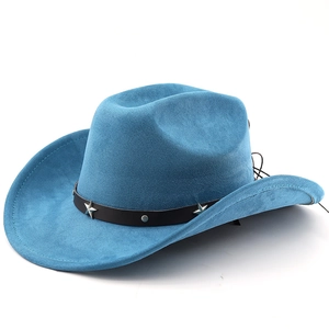 Close-up of bright blue felt cowboy hat with black leather star studded band