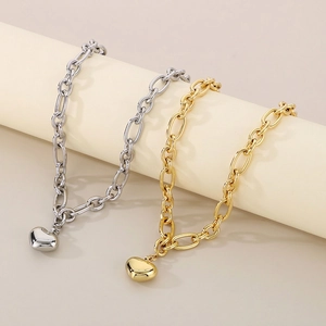Trendy Stainless Steel Heart Jewelry Set For Women Chunky Oval Link Chain Necklace And Bracelet Gold Silver Plated Accessories