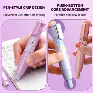 Retractable pen-style erasers in pastel colors featuring cute cartoon illustrations