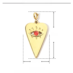 Detailed view of evil eye heart pendant with dimensions and stainless steel material info