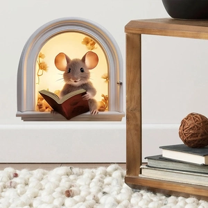 3D cartoon mouse hole wall sticker showing a cute mouse reading inside a cozy arched window