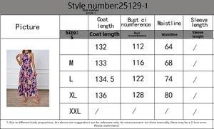 Detailed size chart for elegant halter neck printed maxi dress with waist measurements