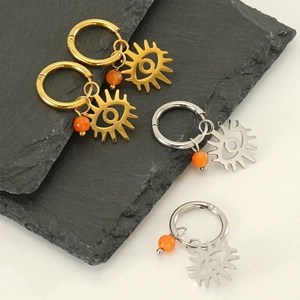 Bohemian gold and silver stainless steel evil eye hoop earrings with orange beads