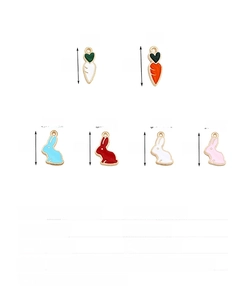 Detail view of colorful enamel bunny and carrot alloy charms with size measurements
