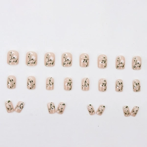 24pcs short square-oval press-on nails with pastoral white floral and green leaf patterns