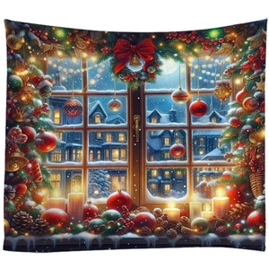 Detail of Christmas tapestry featuring glowing candles and snowy village window scene