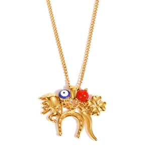 Golden titanium steel necklace with Evil Eye and Elephant charms on a white background