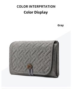 Folded grey quilted baby changing mat featuring a stylish wooden button closure