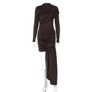 Detailed close-up of dark brown ruched slim-fit dress with asymmetric drape and long sleeves