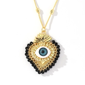 18k gold plated evil eye heart pendant necklace with blue eye and black beads