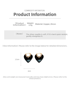 Detail view of heart earrings with black oil drip and zircon inlay, 2.5cm x 2cm size