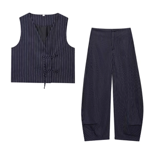 Damen Streifen V-Ausschnitt Ärmellose Weste Und Weite Hose Outfits Streetwear Casual Marineblau