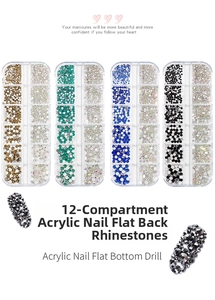 Flatback acrylic nail rhinestones in 12-grid organizer showing colorful crystal gems