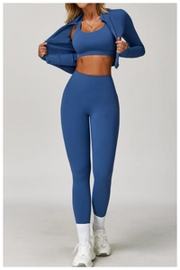 Three-piece yoga set with sports bra, high-waist leggings, and hooded jacket in slate blue
