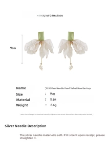 Detailed view of long fabric organza earrings with silver needle and pearl drop